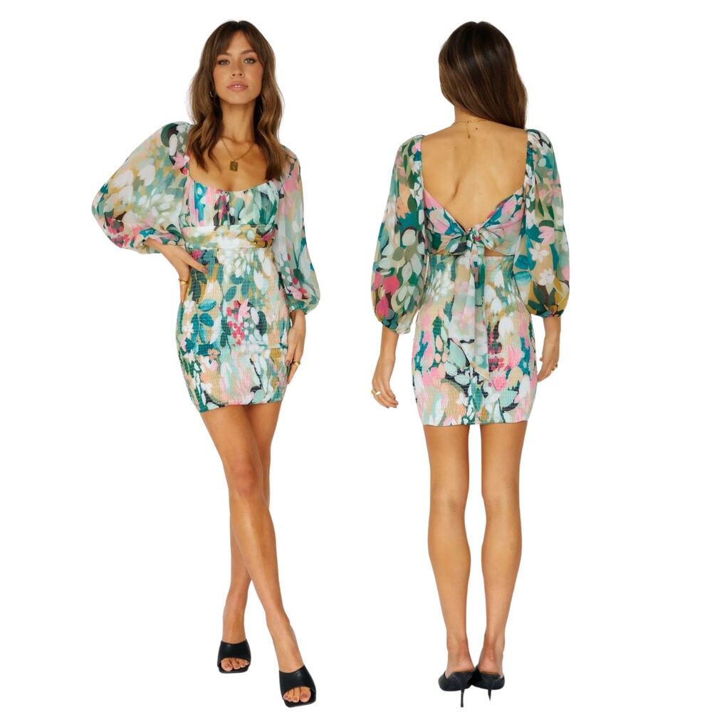 Saints + Secrets Floral Smocked Mini Dress Puff Sleeve Evening Party Cocktail XS
